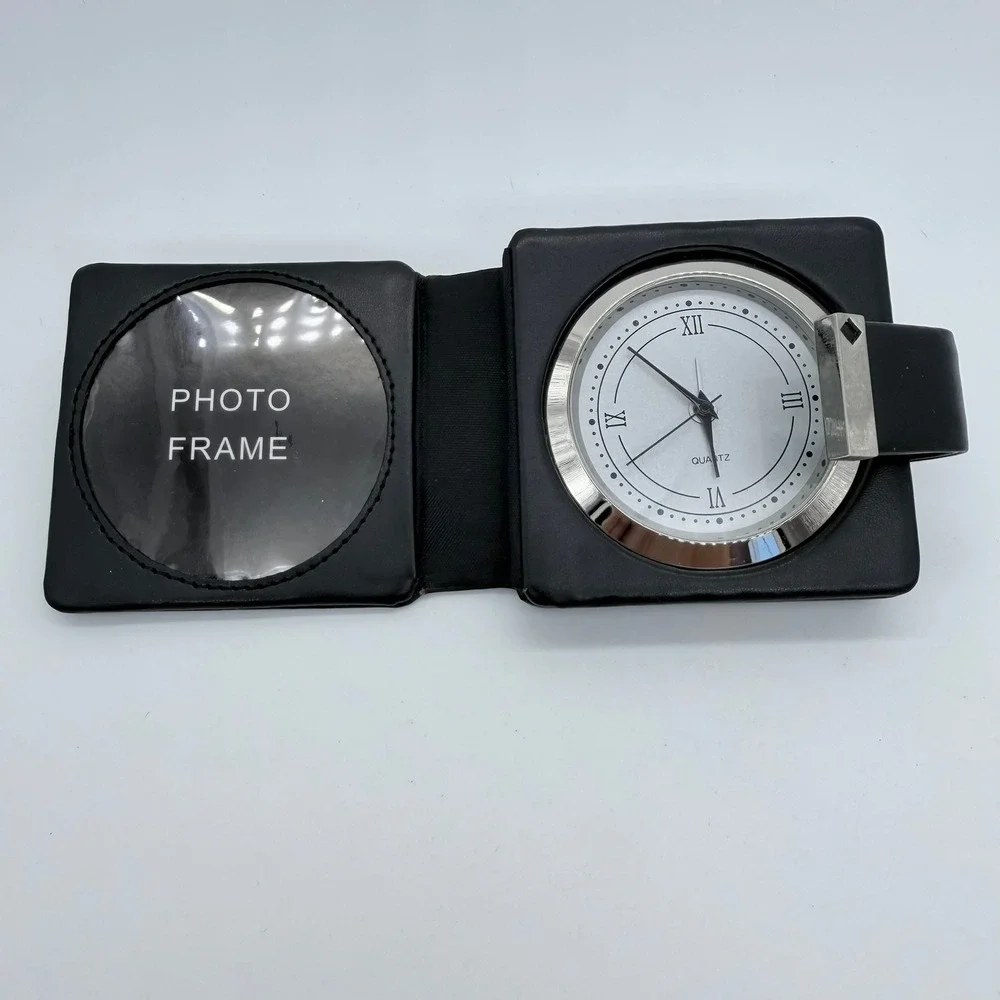 Unbranded Travel Alarm Clock Unisex Quartz Faux Leather Black Photo Frame Case